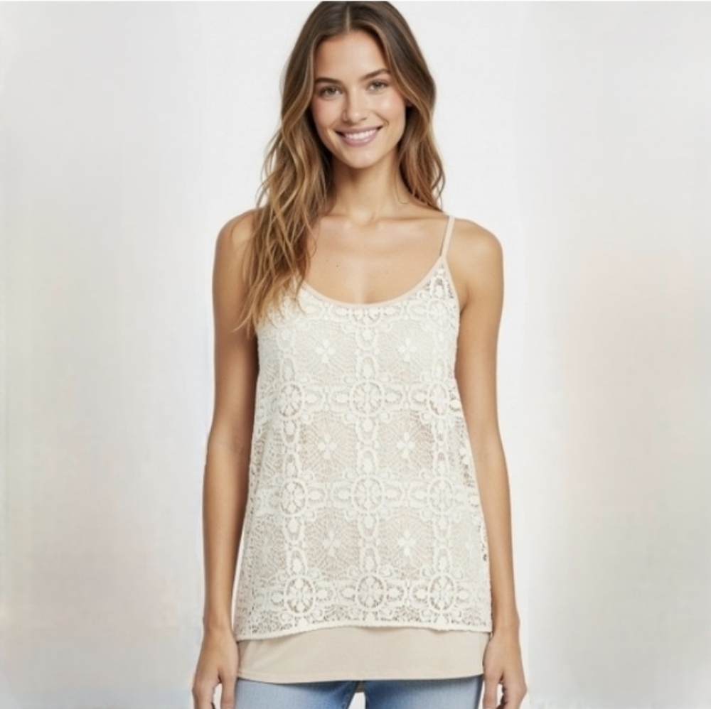 Cabi Beige Ivory Boho It Girl Lace Overlay Camisole Tunic Tank Top #798 Size XS